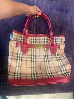 Burberry Beige Nova Check Tote with Red Trim and Handles